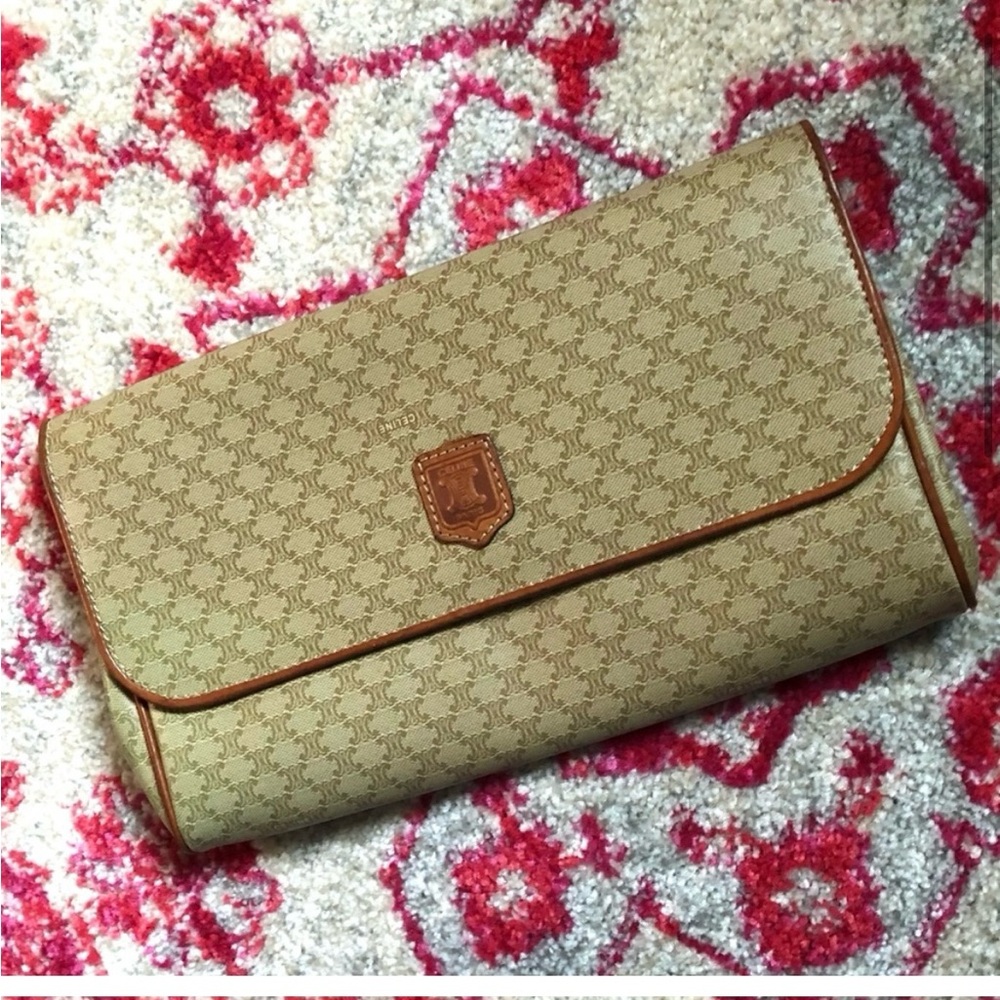 Celine AUTHENTIC Vintage Tan Coated Macadam Logo Flap Clutch Bag Purse Pouch - Picture 3 of 12